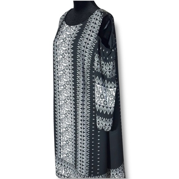 Luxology Black and White Vertical Geometric Pattern Shoulder Cutout Mini Dress - Picture 14 of 16